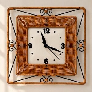 Princess House Wicker Rattan Wall Clock Ceramic Face Black Metal Cottage Decor